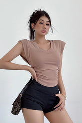 Short Sleeve V-Neck Waistband T-Shirt Top